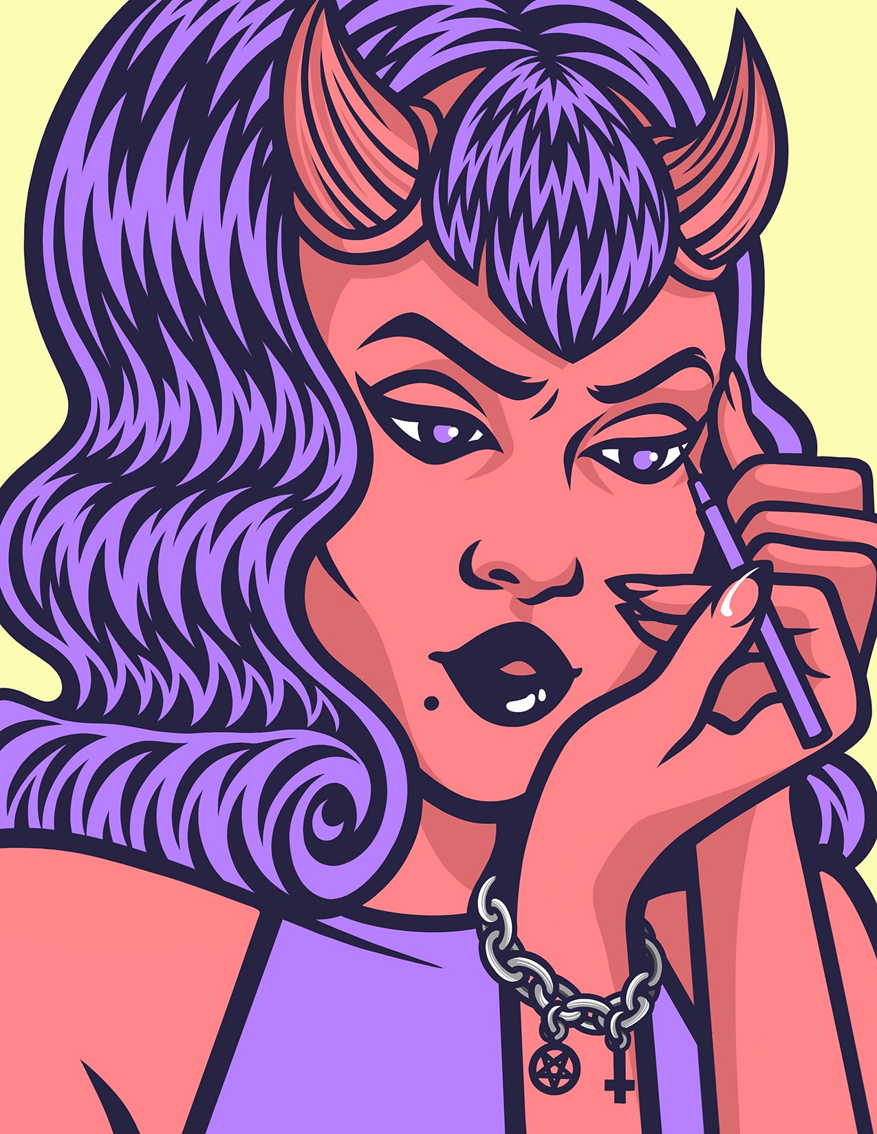 Vintage devil woman with red skin, horns, and vintage hollywood waves doing her eyeliner and wearing a charm bracelet featuring occult symbols