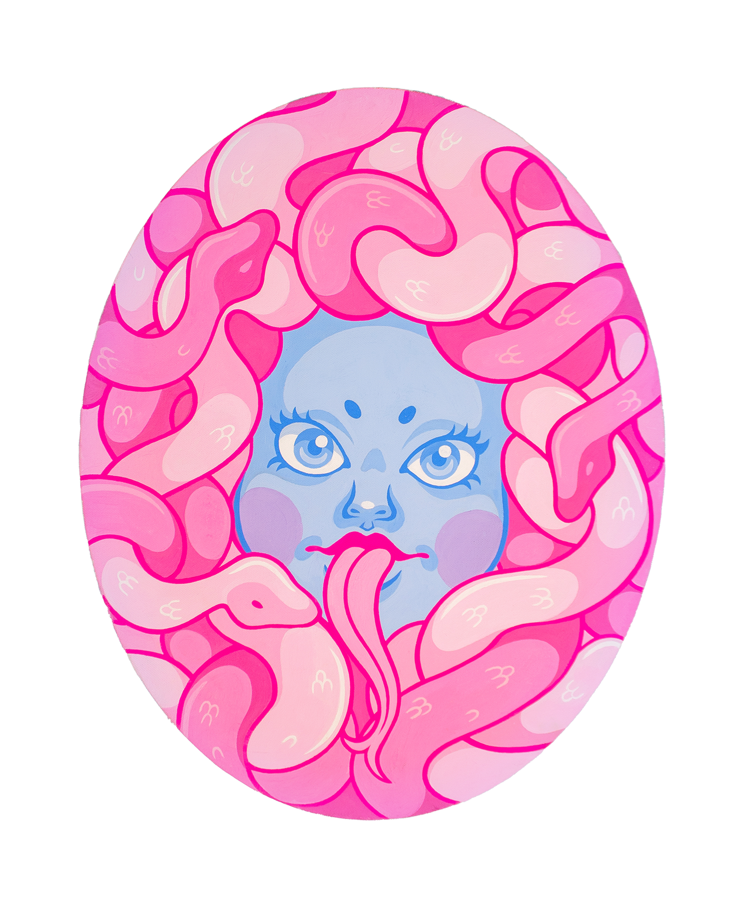 portrait of a youthful pastel blue Medusa surrounded by pastel pink snakes