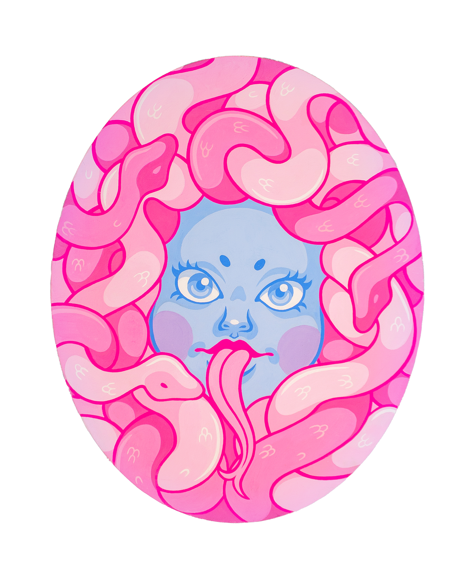 portrait of a youthful pastel blue Medusa surrounded by pastel pink snakes